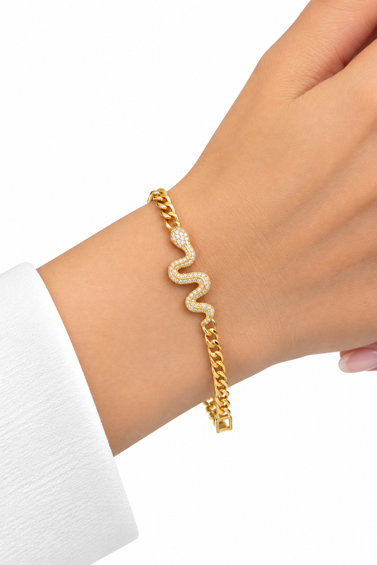 دستبند زنانه RQ مدل مار نگیندار؛ دستبند استیل طلایی خاص و شیک